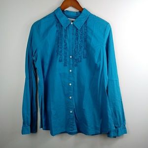 Turquoise ruffle button front woven shirt